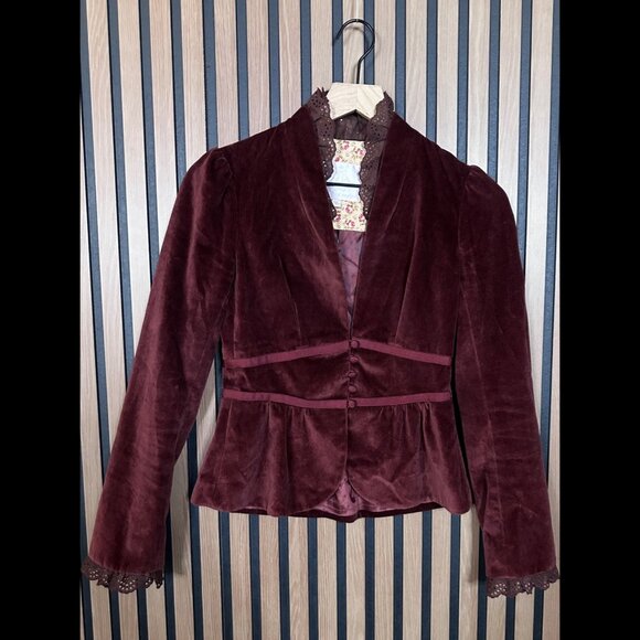 Rebecca Taylor Velvet Jacket 2 / XS Women Red Brown Lace Sleeve Trim Button Coat - Picture 1 of 8